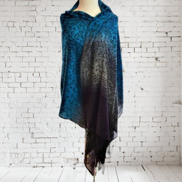 Pashmina Style Scarf Wrap Blue Black Purple Gray Cat Print Fringe - Picture 1 of 6